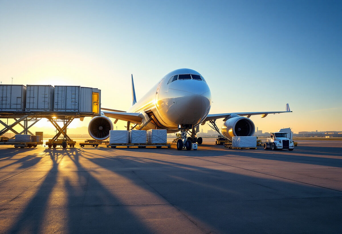 Cargo aircraft being loaded with air freight