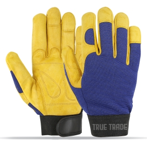 True Trade TE-3023 Heavy Duty Leather Work Gloves &ndash; Yellow Grain Leather Palm with Breathable  - TE-3023