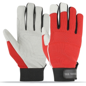 True Trade TE-3024 Red Utility Work Gloves &ndash; Grey Leather Palm & Breathable Mesh Back - TE-3024