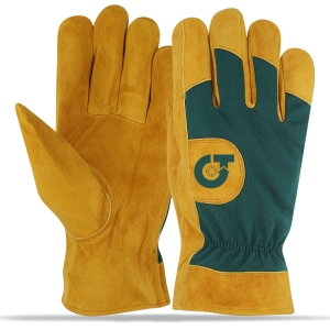 True Trade TE-3028 Heavy Duty Suede Leather Rigger Gloves &ndash; Green Fabric Back & Reinforced - TE-3028