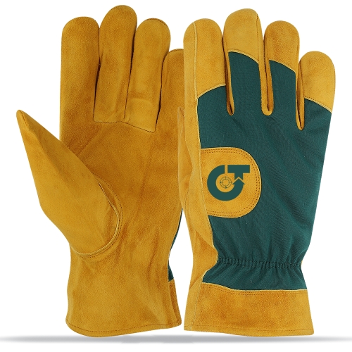 True Trade TE-3028 Heavy Duty Suede Leather Rigger Gloves &ndash; Green Fabric Back & Reinforced - Art No TE-3028 - True Trade Corporation