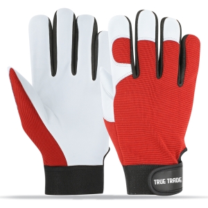 True Trade TE-3033 White Leather Mechanic Gloves &ndash; High-Dexterity Red Back for Automotive Work - TE-3033
