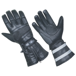 True Trade TE-2022 Black Leather Motorcycle Gloves | Zipper & Reflective - TE-2022