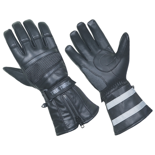 True Trade TE-2022 Black Leather Motorcycle Gloves | Zipper & Reflective - Art No TE-2022 - True Trade Corporation