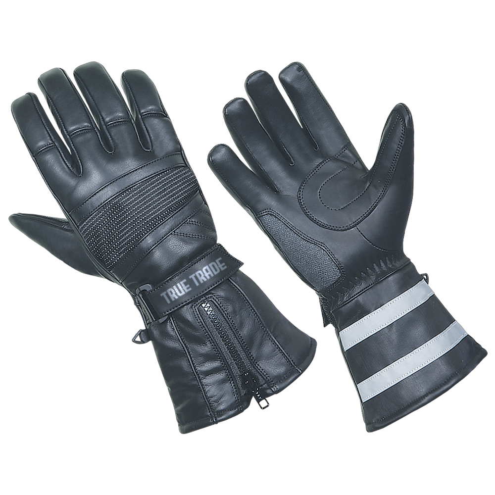 True Trade TE-2022 Black Leather Motorcycle Gloves | Zipper & Reflective